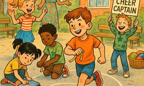 An 8-year-old boy, Tommy, smiling and determined with freckles and short brown hair, runs holding a small yellow ribbon; 8-year-old Mei, focused and mischievous with black pigtails, crouches by the chalk circle writing a rule in a blue notebook; 7–9-year-old Claire, joyful and loud with a blonde ponytail and red headband, stands beside the circle cheering; 8-year-old Ben, calm and caring with tan skin in a green shirt, helps Lucas tie a ribbon at the group's edge; 8-year-old Alex (non-binary or boy), lively in a green star sweater, holds a 
