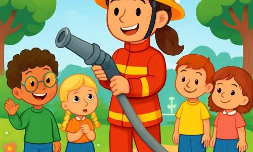 Uma mulher bombeira, Clara, está orgulhosamente no centro da imagem, com um grande sorriso no rosto. Ela usa um uniforme vermelho vivo, um capacete amarelo brilhante e botas pretas. Seus cabelos castanhos estão presos em um rabo de cavalo. Clara segura uma mangueira de bombeiro, pronta para mostrar às crianças como usá-la. Ao seu redor, um grupo de quatro crianças curiosas se forma em círculo. Mateus, um menino de 8 anos com óculos e cabelos cacheados, levanta a mão com entusiasmo. Ao lado dele, Sofia, uma menina de 7 anos com cabelos loiros trançados, olha para Clara com olhos arregalados, cheia de admiração. Duas outras crianças, um menino e uma menina, estão um pouco afastados, sorrindo e ouvindo atentamente. A cena acontece em um parque ensolarado, com árvores verdes luxuriantes e uma bela fonte ao fundo. Flores coloridas margeiam o caminho, e o céu é de um azul brilhante, salpicado de algumas nuvens brancas. Clara explica com paixão sua profissão de bombeira, enquanto as crianças a escutam atentamente, ansiosas para aprender e viver uma aventura emocionante.