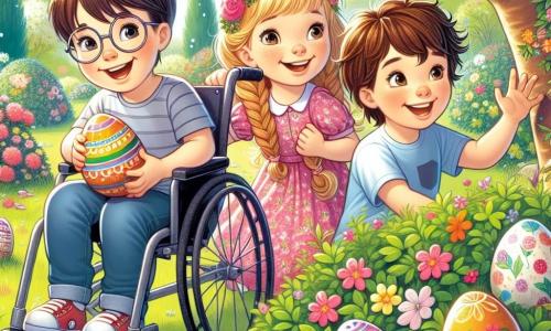 In un giardino soleggiato, tre bambini sono riuniti per una gioiosa caccia alle uova di Pasqua. Tommaso, un ragazzo di 6 anni in sedia a rotelle, ha capelli castani e occhiali rotondi, e sorride indicando un uovo nascosto sotto un cespuglio fiorito. Laura, una bambina di 5 anni con lunghi capelli biondi intrecciati e un vestito rosa a fiori, è accovacciata vicino a un albero, tenendo un uovo decorato con colori vivaci. Luca, un ragazzo di 5 anni con capelli castani arruffati e una maglietta blu, è in piedi con le braccia alzate in segno di vittoria, tenendo un grosso uovo di cioccolato lucido. Il giardino è pieno di fiori colorati, grandi alberi verdi e un prato ben curato. I bambini ridono e si divertono, cercando insieme le uova di cioccolato e condividendo momenti di gioia e amicizia.