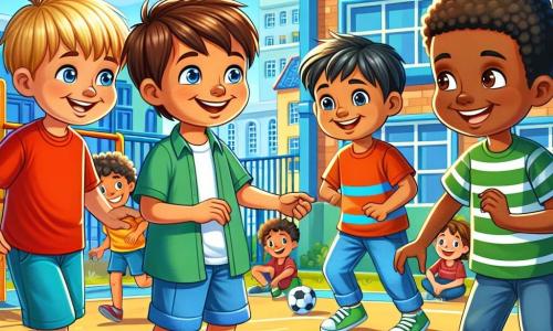 In een zonnige schoolyard zijn vier jongens bij elkaar. Lars, een 10-jarig jongen met blond haar en sprankelende blauwe ogen, draagt een rood t-shirt en een blauwe short, en glimlacht breed naar zijn vrienden. Amir, een 10-jarige jongen van Marokkaanse afkomst met bruin haar en bruine ogen, draagt een groen t-shirt en een spijkerbroek, en staat naast Lars met een verlegen glimlach. Tom, een 10-jarige jongen met kastanjebruin haar en een bril, is aan het jongleren met een voetbal, wat zijn enthousiasme toont. Jesse, een 10-jarige jongen met zwart haar en een donkere huid, lacht met gekruiste armen terwijl hij naar een grap van Lars luistert. De speelplaats is gevuld met kleurrijke speeltoestellen, groene bomen en een heldere blauwe lucht. De jongens spelen samen voetbal, verenigd en gelukkig, wat de kracht van hun vriendschap illustreert ondanks hun culturele verschillen. Andere kinderen kijken nieuwsgierig toe en sommigen beginnen zich te naderen, aangetrokken door de positieve energie van de groep.