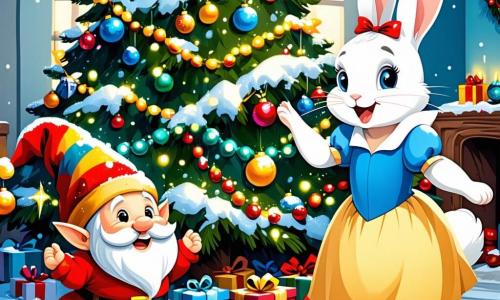 Wuschel, ein fröhlicher kleiner Wichtel mit großen runden Augen und einem langen bunten Hut, steht im Mittelpunkt der Szene und lächelt begeistert, während er einen großen Weihnachtsbaum mit glitzernden Girlanden und bunten Kugeln schmückt. Neben ihm springt Flöckchen, ein niedlicher kleiner Hase mit schneeweißem Fell, vor Freude mit aufgerichteten Ohren und hält eine Girlande in seinen Vorderpfoten. Im Hintergrund schwebt Glitzerglanz, ein kleiner leuchtender Stern mit einem freundlichen Gesicht, in der Luft und erhellt die Szene mit seinem sanften goldenen Licht. Der Ort ist ein verzauberter Wald, bedeckt mit einer dicken Schicht glitzernden Schnees, mit majestätischen Bäumen, deren Äste mit Schnee beladen sind, und leuchtenden Sternen, die den Nachthimmel erhellen. Die Szene strahlt eine festliche und warme Atmosphäre aus, erfüllt mit Weihnachtszauber. Wuschel und Flöckchen bereiten eine große Weihnachtsfeier vor, umgeben von bunten Dekorationen und Geschenken, während alle Tiere des Waldes zusammenkommen, um gemeinsam zu feiern und Freude zu teilen.
