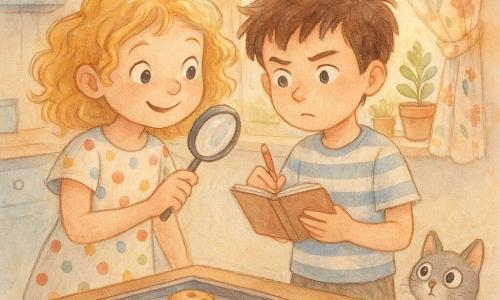 Ośmioletnia dziewczynka, Zosia, z kręconymi blond włosami i oczami pełnymi ciekawości, trzyma lupę w prawej ręce. Uśmiecha się figlarnie i nosi sukienkę w kolorowe kropki. Obok niej stoi ośmioletni chłopiec, Kuba, z rozczochranymi brązowymi włosami i skupionym wyrazem twarzy, trzymający mały notes. Jest ubrany w pasiastą koszulkę i szorty. Stoją w jasnej kuchni, gdzie na drewnianym stole leży blacha świeżo upieczonych ciastek. Kuchnia jest udekorowana zasłonami w kwiatowe wzory i doniczkami z roślinami na parapecie. Główna sytuacja pokazuje Zosię i Kubę, którzy rozmawiają i badają wskazówki, a ciekawski kot Filemon siedzi na podłodze, obserwując scenę dużymi, okrągłymi oczami.