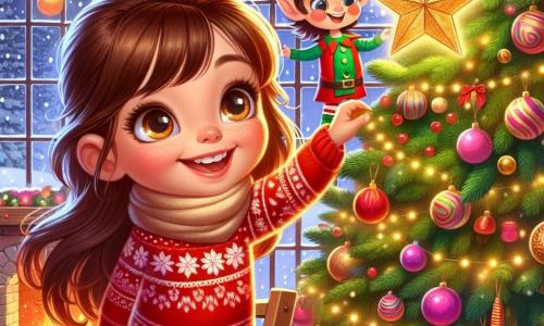 Uma menina de 6 anos, chamada Lia, com longos cabelos castanhos e olhos brilhantes de curiosidade, está em uma escada de madeira, um grande sorriso iluminando seu rosto. Ela usa um suéter vermelho com padrões de flocos de neve e um cachecol de lã. Ao seu lado, um duende de papel sorridente, com olhos brilhantes e orelhas pontudas, parece incentivá-la entusiasticamente, flutuando levemente acima do chão. A cena acontece em uma sala acolhedora, decorada com guirlandas luminosas e uma grande lareira de pedra, onde um fogo crepita alegremente. Uma linda árvore de Natal, coberta de bolas coloridas e guirlandas douradas, se ergue orgulhosamente no centro da sala, com uma estrela dourada faltando no topo. Lia está colocando a bela estrela dourada no topo da árvore, cheia de empolgação e alegria, enquanto o duende de papel a observa com um sorriso travesso. A sala está repleta de uma atmosfera festiva, com flocos de neve caindo suavemente do lado de fora das janelas, acrescentando à magia deste momento especial.