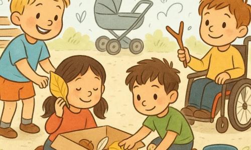 Vier kinderen van 3 jaar bouwen samen een "natuurkist" in een klein hoekje van een openbare tuin bij een buggy en een houten bank op fijn grind en een strookje gras: Milo (blond, links, staat en klopt zacht op een open kartonnen doos), Sem (bruine haren, gehurkt rechts, verfvlekken op de knieën, houdt een plastic grijptang met een plastic zakje), Noor (zwarte dotjes, zittend vooraan, houdt een grote droge gele blad tegen haar oor) en Jip (bruin haar, glimlachend in een rolstoel achteraan met een rood bekertje aan de stoel, houdt een Y-vormig stokje); ze leggen droge bladeren, een glanzende kastanje, een wit veertje en een Y-stok in de doos, één kind gebruikt een pincet om een stukje plastic op te rapen en in een emmer te gooien, zachte ochtendlichtsfeer, warme kleuren en tastbare texturen.
