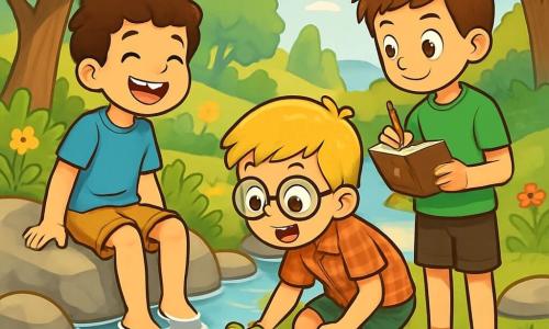 Es gibt drei Charaktere: Lukas, ein 10-jähriger Junge mit braunen, lockigen Haaren, trägt ein blaues T-Shirt und eine beige Shorts. Er sitzt auf einem Felsen am Ufer des Baches, die Füße im Wasser, mit einem breiten Lächeln im Gesicht. Emil, ein 9-jähriger Junge mit blonden Haaren und runden Brillen, trägt ein rot kariertes Hemd und eine kurze Hose. Er hockt am Wasser und beobachtet einen kleinen Frosch, mit weit aufgerissenen Augen vor Staunen. Ben, ein 10-jähriger Junge mit glatten, kastanienbraunen Haaren, trägt ein grünes T-Shirt und eine schwarze Shorts. Er steht, hält ein kleines Notizbuch und einen Bleistift in der Hand, bereit, das Gesehene aufzuschreiben, mit einem konzentrierten Gesichtsausdruck. Der Ort ist ein malerischer Bach, umgeben von Grün, mit schattenspendenden Laubbäumen. Bunte Blumen säumen den Weg, und glatte Steine liegen verstreut auf dem Boden. Das klare Wasser des Baches funkelt in der Sonne und erzeugt goldene Reflexionen. Die Hauptsituation zeigt die drei Freunde, die den Bach erkunden, begeistert von der Natur. Lukas taucht seine Zehen ins Wasser, Emil beobachtet einen kleinen Frosch auf einem Stein, und Ben macht Notizen, alle lachen und teilen ihre Freude, während sie die Sommerferien verbringen.