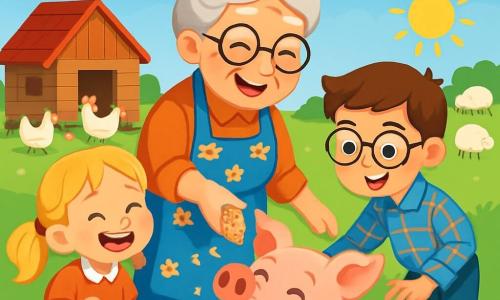 An elderly woman, Farmer Maggie, smiling and warm, with gray hair in a bun and a floral apron, stands in the middle of a green field surrounded by her animals. She is feeding a large pink pig named Percy, who is joyfully rolling in the mud with splashes around him. Next to her, an 8-year-old girl, Daisy, with blonde pigtails, laughs while holding a small bucket of pig food, while a 9-year-old boy, Max, wearing glasses and a plaid shirt, approaches to pet Percy. In the background, there is a wooden chicken coop with white and brown hens pecking at the ground, and fluffy sheep grazing peacefully in the meadow. The scene takes place under a clear blue sky with a few fluffy white clouds, and the sun shines, illuminating the colorful landscape. Farmer Maggie and the children are sharing a joyful moment filled with laughter and discoveries about farm life.