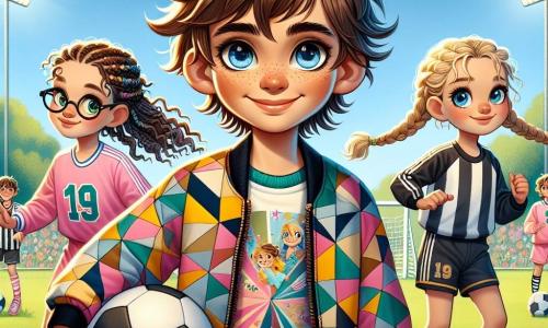 Ein 9-jähriger Junge, Max, mit zerzausten braunen Haaren und neugierigen Augen, steht im Mittelpunkt des Bildes und lächelt strahlend. Er trägt eine bunte Jacke mit geometrischen Mustern und hält einen Fußball unter dem Arm, bereit zum Spielen. Zu seiner Rechten steht Emma, ein 9-jähriges Mädchen mit geflochtenen blonden Haaren und strahlend blauen Augen, die entschlossen zum Tor schießt. Sie trägt ein pinkes Fußballtrikot und schwarze Shorts. Links steht Lisa, ein weiteres 9-jähriges Mädchen mit lockigen braunen Haaren und Brille, die lächelt und ein Plakat mit der Aufschrift "Geschlechtergleichheit" hält, um ihr Team zu unterstützen. Die Szenerie spielt auf einem sonnigen Spielplatz, umgeben von grünen Bäumen und bunten Blumen, unter einem großen blauen Himmel mit ein paar weißen Wolken. Im Hintergrund spielen Klassenkameraden zusammen, was den Teamgeist und die Freundschaft stärkt. Die Hauptsituation zeigt Max und seine Freunde, Mädchen und Jungen, die gemeinsam Fußball spielen und damit Geschlechtergleichheit und die Freude an der Zusammenarbeit unabhängig vom Geschlecht veranschaulichen.
