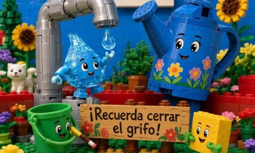 Personaje principal: una pequeña gota de agua antropomórfica de ladrillo transparente azul claro, sonrisa y ojos grandes, curiosa y decidida, en el borde de un grifo de Lego cromado intentando atrapar una gota que cae. Personaje secundario: una regadera grande azul de ladrillo con forma redondeada y flores pintadas, de expresión amable, detrás del grifo animando a la gota. Personajes secundarios: un cubo verde y una esponja cuadrada amarilla de Lego con ojitos dibujados, cómplices sosteniendo una pancarta de madera «¡Recuerda cerrar el grifo!» delante del grifo. Decorado: jardín comunitario de Lego con placas verdes de hierba, flores tipo girasol de distintas alturas, camino ocre, macetas coloridas y bajo muro de ladrillo rojo, cielo azul claro. Situación: escena luminosa y alegre donde la gota atrapa la gota que cae mientras sus amigos colocan la pancarta; ambiente de equipo, colores vivos y composición clara para niños.