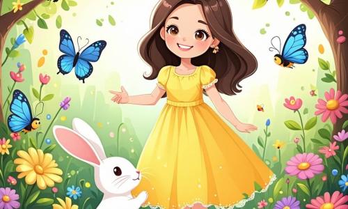Una bambina di 6 anni, Sofia, con lunghi capelli castani e occhi pieni di curiosità, indossa un vestito giallo brillante. Sorride gioiosamente mentre gioca in un giardino colorato, circondata da fiori vivaci e farfalle danzanti. Accanto a lei, un coniglio bianco, con grandi orecchie, salta allegramente guardando Sofia con occhi maliziosi. Più lontano, un'ape ronzante vola di fiore in fiore, aggiungendo un tocco di magia alla scena. Il giardino è un vero quadro di primavera, con tulipani rossi, margherite bianche e alberi in fiore, sotto un cielo blu splendente. Sofia e i suoi amici del giardino celebrano la bellezza della primavera, giocando insieme e condividendo risate in un'atmosfera gioiosa e colorata.