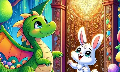 Un giovane drago con ali brillanti come un arcobaleno, con squame verdi e occhi scintillanti, osserva con meraviglia una grande porta di legno decorata con motivi magici, il suo viso esprimendo curiosità ed eccitazione. Accanto a lui, un piccolo coniglio con grandi orecchie bianche, con un pelo morbido e occhi scintillanti, salta di gioia, il suo sorriso che irradia entusiasmo mentre indica la porta con un dito. Il contesto è un giardino segreto incantevole, pieno di fiori multicolori, alberi di caramelle e raggi di sole che filtrano tra le foglie, creando un'atmosfera magica e accogliente. La scena principale mostra il drago e il coniglio davanti alla porta misteriosa, pronti a entrare in un mondo di avventure, con espressioni piene di attesa e felicità.