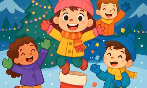 Hay 4 niños: - Marina: una niña de 6 años, con un gorro rosa y una bufanda a rayas. Tiene grandes ojos brillantes y una sonrisa radiante. Está en el centro, saltando alegremente sobre un gran calcetín rojo. - Paula: una niña de 6 años, que lleva guantes verdes muy grandes y un abrigo morado. Tiene el cabello rizado y una expresión juguetona. Está a la izquierda de Marina, levantando los brazos, lista para bailar. - Nico: un niño de 6 años, con un gorro azul y una bufanda amarilla. Tiene el cabello castaño desordenado y una mirada traviesa. Está a la derecha de Marina, riendo y sosteniendo un copo de papel colorido. - Tomás: un niño de 6 años, con un abrigo naranja y guantes azules. Tiene una sonrisa brillante y mejillas rosadas. Está detrás de Marina, saltando con entusiasmo, listo para unirse al grupo. El lugar es una estación de esquí mágica, rodeada de montañas nevadas brillantes bajo un cielo estrellado. Luces de colores brillan en los árboles y copos de nieve caen suavemente, creando un ambiente festivo. En el centro, un gran árbol decorado con guirnaldas brillantes se alza, iluminando la escena. La situación principal muestra a los niños celebrando el Año Nuevo, saltando alegremente sobre sus calcetines, lanzando copos de papel al aire, llenos de risas y deseos para el nuevo año.