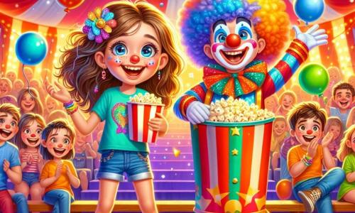 A 12-year-old girl, Mia, with long brown hair and sparkling eyes, stands at the center of a circus scene, a big smile lighting up her face. She wears a colorful t-shirt and denim shorts, holding a large overflowing bucket of popcorn in her arms. Next to her, a clown named Bobo, a man in his thirties with messy blue hair and a bright red nose, awkwardly juggles colorful balls, making the audience laugh. A 12-year-old boy, Sam, with freckles and a big smile, stands just behind Mia, holding an animal-shaped balloon, ready to play a prank on her. The setting is a large circus tent in vibrant red and white, filled with twinkling lights and festive decorations. Enthusiastic spectators are seated on wooden benches, applauding and laughing, while confetti floats in the air. The main scene shows Mia, amazed, savoring the magical moment of the circus, surrounded by laughter and colors, as Bobo the clown tries to juggle comical objects, creating a joyful and festive atmosphere.