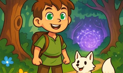 A 10-year-old boy named Finn stands bravely at the center of the image, with bright emerald-like eyes and messy brown hair. His face expresses joyful determination, and he wears a simple tunic and canvas pants, with a small leather backpack beside him. At his feet, a striking white fox named Whisper looks up at him with mischievous sparkling eyes, ready to accompany him on his adventure. The setting is an enchanted forest with majestic trees, vibrant green leaves, and glowing flowers illuminating the ground, while a winding path weaves through the bushes. In the distance, a wall of brambles glimmers with a purple light, marking the entrance to a mysterious labyrinth. The scene captures the moment Finn, heart racing with excitement, prepares to enter the labyrinth in search of the Heartstone, while Whisper, by his side, seems to encourage his friend with a confident look.