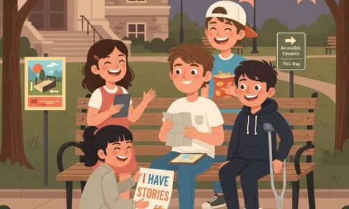 A group of 12-year-olds—Eli, smiling and relaxed with messy brown hair, light tee and jeans, holding a folded map and clipboard on a wooden bench; Noor, joyful and confident on silver crutches in a dark hoodie and colorful sneakers, sitting beside Eli; Mei, playful and focused with tied black hair and light jacket, kneeling to tape a bright "I HAVE STORIES" poster; Amina, laughing in a simple dress with wavy hair, holding a tablet or book to Eli's left; and Lucas, tall and hungry in a backwards cap, holding a bag of chips behind the bench—pose after their “Comfy Loop” in a neighborhood park at dusk with warm lamplight, dark-leaved trees, a stone library with visible steps, and an official sign by the steps reading "Accessible Entrance — This Way" plus a cheerful poster and arrow indicating a ramp, tight, warm composition conveying inclusion and camaraderie.