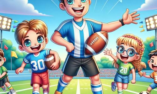 A man named Leo is at the center of the image, smiling widely with brown hair and sparkling eyes. He wears a blue football jersey and bright yellow shoes, holding a football under one arm while encouraging the children around him. To his right, a girl named Emma, about 10 years old with long braided blonde hair and wearing red shorts, jumps for joy holding a football with a big smile. On the left, Max, a 9-year-old boy with brown hair and glasses, is making a funny face, preparing to dribble the ball, adding humor to the scene. The setting is a green football field under a bright blue sky, with trees in the background and parents applauding on the sides. Colorful flags flutter in the wind, creating a festive atmosphere. The main situation shows Leo, the coach, surrounded by his young players, all having fun and playing football together, embodying team spirit and the joy of the sport.