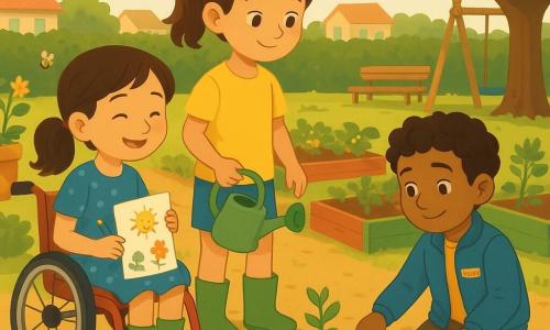 Three 7-year-old children in a sunny community garden: Maya, light-skinned with brown pigtails, wearing a yellow T-shirt and green boots, stands left-center with a watering can, protective and watching others; Lila, light-skinned with short black hair in a small red wheelchair, wearing a blue polka-dot dress, sits left smiling and holds out a drawing and a pencil to offer; Arun, brown-skinned of South Asian origin with curly hair and a blue jacket, kneels right by a row of young pea plants holding a small trowel, shyly smiling as he regains confidence. The garden has narrow dirt paths, painted wooden beds, flower pots, a swing and bench under an apple tree, visible flowers, tomato stems and bees; the children are planting peas together in a calm, friendly scene bathed in warm sunset light.