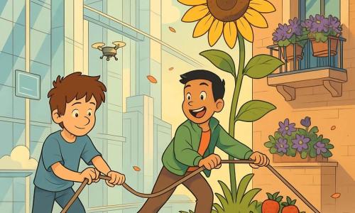 Two main characters: Milo, 10, small boy with tousled brown hair, faded blue tee and jeans, muddy hands holding a beige tug rope, in the foreground left with a focused face and shy smile; Jay, 10, slightly taller with short black hair, light green jacket and red sneakers, holding the other rope and leaning back to steady the platform, foreground right with an energetic, laughing expression. They guide a large floating garden platform with a huge sunflower shading a blooming balcony in a futuristic city of grassy suspended platforms between gleaming glass towers, visible anti-grav pads beneath lawns, cloud benches, blue holographic signs and maintenance drones; vertical mirrored skyscrapers, transparent walkways and a modern brick balcony with purple flowerpots appear in the mid-background. The platform drifts slowly, ropes form a dynamic diagonal, the sunflower tilts right, shiny red strawberries dot a corner of the garden; warm golden late-afternoon light, cool shadow on the balcony, a light breeze lifting petals, overall optimistic, adventurous atmosphere.