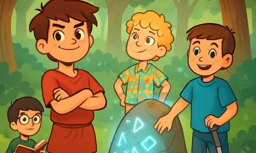 There are 4 children: Leo, a 12-year-old boy with messy brown hair and a bold smile, wearing a red tunic and canvas pants, stands in front with crossed arms, displaying a leader's posture. Finn, an 11-year-old boy with curly blonde hair and sparkling eyes, is dressed in a colorful patterned shirt and shorts, slightly behind with hands on hips, gazing at the sky in wonder. Max, a 12-year-old boy with brown hair and a warm smile, uses crutches, wearing a blue t-shirt and jeans, stands next to Leo with a determined expression. Ollie, an 11-year-old boy with black hair and round glasses, wears a green sweater and beige pants, standing slightly back, holding an open old book, looking thoughtful and focused. The scene takes place in an enchanted clearing in the heart of the Whispering Woods, surrounded by majestic trees with thick trunks and shimmering leaves filtering sunlight, creating a play of shadows and light. In the center, an ancient rock covered in glowing runes emits a soft, mysterious light, with a light mist floating around, adding a touch of magic to the atmosphere. The main situation shows the four friends discovering the magical rock, with Leo ready to explore, Finn looking up in awe, Max touching the rock with a brave smile, and Ollie reading from his book, seeking answers about their find, filling the air with a sense of adventure and mystery, promising extraordinary discoveries.