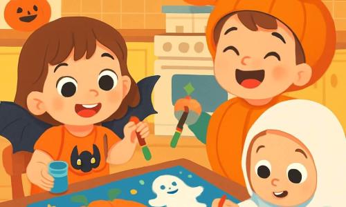 A 4-year-old girl, Mia, with sparkling big eyes and a radiant smile, wears an orange dress adorned with a black cat and shimmering bat wings. She is sitting at a table, holding a brush in one hand and a paint pot in the other, full of excitement and joy. Next to her, Oliver, a 5-year-old boy dressed as a pumpkin with a green leaf-shaped hat, laughs as he adds details to a large drawing. Ava, a 4-year-old girl dressed as a ghost in a white sheet with round eyes, leans in to paint small smiling ghosts on the poster. The setting is a cozy kitchen decorated with bright garlands and smiling pumpkins, with splashes of paint on the table and floor. The main scene shows the three friends painting a large Halloween poster together, filled with bright colors, joyful pumpkins, friendly ghosts, and sparkling stars, creating an atmosphere of happiness and creativity.