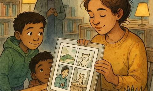 An adult woman, Maya, serene and slightly moved, hair in a messy bun, wearing a mustard sweater stained with ink, gently places an inked comic page in a plastic sleeve onto a wooden display; a curious 10-year-old boy in a green hoodie leans left of the display, studying the panels with a slight smile, while an elderly librarian, Mrs. Bell, with gray hair in a bun and round glasses, stands behind a shelf watching kindly with hands clasped; the children's corner features low light wood shelves, a tree-patterned rug, warm yellow lampshades, a large square window showing deep twilight blue, and beside the display a blank sheet and a cup of colored pencils; the quiet, intimate moment is lit softly, highlighting fine black ink contours, pastel watercolor washes (yellow, blue, green), visible paper texture, airy panels and readable expressions as the boy reads the silent kitten story.