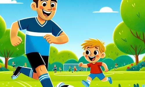 Un uomo sorridente, Marco, è rappresentato mentre dribbla un pallone da calcio su un campo verde. Ha i capelli castani, corti, e indossa una maglietta blu con pantaloni corti neri. Il suo viso esprime gioia e entusiasmo, mostrando che si sta divertendo molto. Accanto a lui, un ragazzo di 8 anni, Luca, corre con un grande sorriso. Ha capelli biondi e indossa una maglietta rossa e pantaloni corti blu. Guarda Marco con ammirazione, pronto a imparare e giocare. Il luogo è un parco soleggiato, con alberi verdi lussureggianti intorno al campo da calcio. Si possono vedere fiori colorati e un cielo blu chiaro, creando un'atmosfera gioiosa e accogliente. La scena principale mostra Marco e Luca in azione, Marco che dribbla la palla con agilità, mentre Luca cerca di seguirlo, ridendo e divertendosi, illustrando la loro bella amicizia e la passione comune per il calcio.