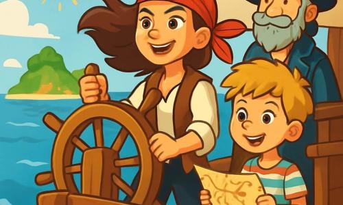 Imelda, młoda, nieustraszona piratka w wieku około 25 lat, dumnie stoi na pokładzie statku 