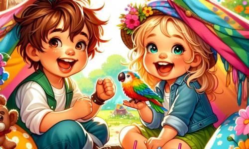 Um menino de 6 anos, com cabelos castanhos bagunçados e olhos brilhantes de travessura, está sentado em uma cabana feita de cobertores coloridos. Ele sorri amplamente, mostrando sua alegria e entusiasmo. Ao seu lado, sua irmãzinha de 3 anos, com cachos loiros e um sorriso travesso, segura um pequeno brinquedo em forma de papagaio em seu ombro, rindo alto. A cena acontece em um jardim ensolarado, cheio de flores vibrantes, com uma grande árvore verde ao fundo. Raios de sol filtram-se através das folhas, criando uma atmosfera calorosa e alegre. As crianças estão brincando de piratas, cercadas por seus 