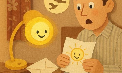 Sunny, a small anthropomorphic bedside lamp made of bright yellow paper with a glowing round bulb, smiles and tilts its wire arm to slip a folded letter under a pillow; Dad, an adult man in a paper collage (brown felt hair, cut striped shirt), looks surprised and moved, sitting on the bed edge reading the open letter. The white pillow has small blue pencil stars and a slight lift where the letter was slipped. The warm, simple bedroom features a textured paper nightstand, a cut floral curtain, and a round window with pale yellow morning light and cut bird silhouettes. The waking moment is tender: Sunny radiates a golden paper halo and the letter bears a small crayon sun, with warm colors and the crisp contrasts of paper collage.