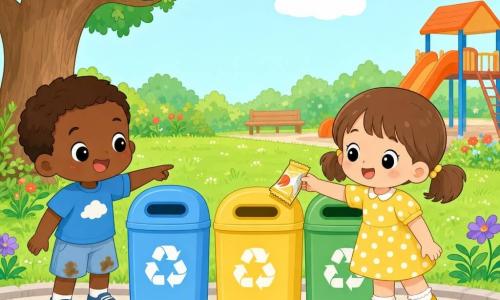 Hay dos niños de 4 años: Clara, con vestido amarillo de lunares blancos y coletas, sonríe mientras coloca un pequeño envase en la papelera amarilla; Miguel, con camiseta azul con nube y rodillas con tierra, ríe y señala la papelera azul. Ambientado en un parque soleado con césped verde, flores rojas y violetas, un gran roble a la izquierda y un tobogán naranja de fondo; tres papeleras alineadas (azul, amarillo, verde) sobre un área pavimentada. Escena alegre y colorida de aprendizaje del reciclaje, ambos depositan envases en los contenedores con gestos claros; composición centrada en los niños y las papeleras.