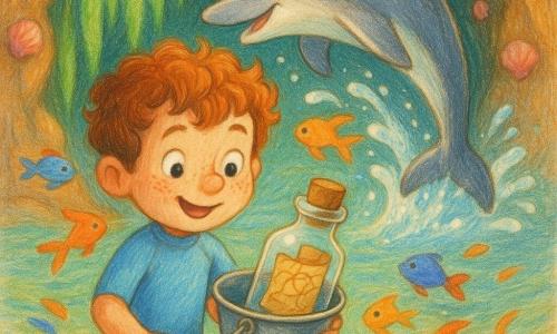 Ein 6-jähriger Junge mit rundem Gesicht und Sommersprossen, hellbraunen lockigen Haaren, großen neugierigen Augen und erstauntem Lächeln hält einen kleinen Metalleimer und geht barfuß durchs flache Wasser; sein hellblauer Taucheranzug reicht leicht auf den Sand. Ein freundlicher Delfin mit glänzender Flosse und grauer Haut springt bogenförmig leicht vor und rechts von ihm und spritzt funkelndes Wasser. In einer Unterwasserhöhle hängen smaragdgrüne leuchtende Algen als Vorhänge und beleuchten felsige Wände mit rosafarbenen und perlmuttartigen Muscheln. Bunte Fischschwärme — orange, blau, gelb — wirbeln um die Szene und erzeugen Bewegung. Der Junge betrachtet eine offene Glasflasche in seinem Eimer, aus der eine alte, abgenutzte Karte hervorragt, sein Gesicht zeigt staunende Abenteuerlust. Die Komposition ist weich, in gesättigten Pastellfarben mit sichtbaren Bleistiftstrichen und strukturiertem Papier, intime, magische Atmosphäre.