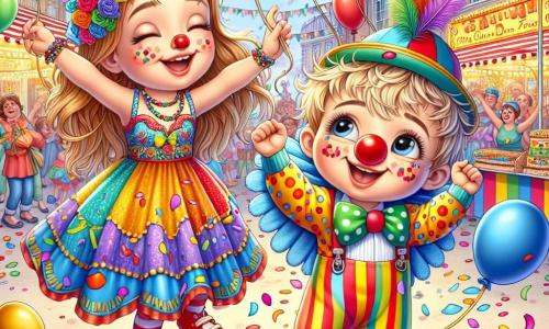 Een jongetje van 1 jaar met rommelig blond haar en roze wangen draagt een kleurrijk clownspak met een grote rode neus. Hij glimlacht verwonderd en steekt zijn armen in de lucht, omringd door kleurrijke ballonnen die om hem heen zweven. Zijn moeder, een vrouw van ongeveer 30 jaar met lang bruin haar, draagt een kleurrijke jurk met feestelijke patronen. Ze danst vrolijk naast hem met een grote glimlach op haar gezicht en gebaart hem om mee te dansen. De scène speelt zich af in een drukke straat, versierd met felgekleurde slingers, met confetti die door de lucht vliegt en mensen die om hen heen dansen en zingen. Achtergrond toont eetstands en spelletjes, wat bijdraagt aan de feestelijke sfeer. Het jongetje en zijn moeder vieren carnaval, waar het jongetje een prachtige grote kleurrijke vlinder ontdekt die om hen heen vliegt, wat een magisch en vrolijk moment creëert.