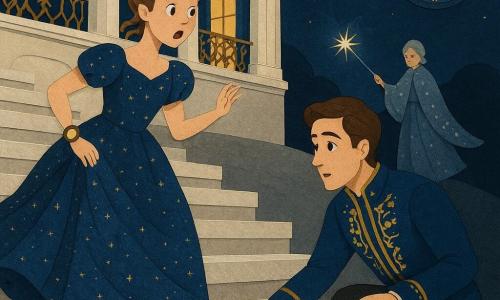 Cenicienta, joven con rostro sorprendido y apresurado, vestido largo azul noche salpicado de pequeñas estrellas doradas, cabello castaño claro recogido en un moño suelto, corre bajando las anchas escaleras de mármol con la falda ondeando y mira hacia atrás; lleva en la muñeca un brazalete‑reloj luminoso que parpadea. El príncipe, unos 20 años, piel clara y cabello castaño peinado hacia atrás, con chaqueta real bordada en oro, arrodillado en un peldaño inferior, recoge un pequeño cristal en forma de gota que se le ha deslizado, con expresión sorprendido‑atento. La antigua hada madrina, mujer de unos 60 años de figura ligera, con un manto semitransparente incrustado de motivos digitales, se alza en una colina oscura a lo lejos sosteniendo un dispositivo de cristal que proyecta filamentos de luz. El palacio tiene grandes columnas blancas, balcones de hierro forjado dorado, ventanas abiertas que muestran un interior dorado y candelabros, y un gran reloj redondo que marca casi la medianoche. Situación: una huida dramática y mágica a medianoche — movimiento, tensión suave y toque de magia moderna con el cristal cayendo y la muñeca luminosa de Cenicienta contrastando con el mármol oscuro. Estilo visual: papel recortado con contornos nítidos, capas superpuestas para profundidad, colores contrastados, texturas de papel visibles, sombras suaves y luz enfocada en el vestido y el cristal.