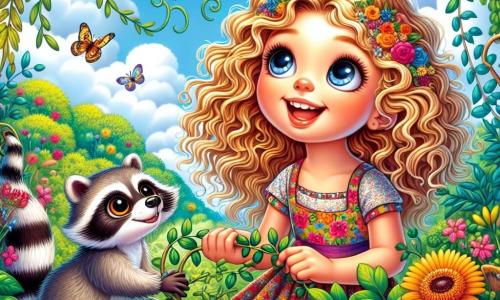 Una niña de 8 años, con cabello rizado y dorado, y grandes ojos llenos de curiosidad, está en medio de un jardín mágico. Lleva un vestido de flores multicolores y una sonrisa radiante. A su lado, un pequeño mapache de ojos traviesos, con pelaje gris y patas ágiles, la observa con admiración, listo para ayudarla en sus descubrimientos. El jardín está lleno de flores brillantes, plantas entrelazadas y hongos coloridos, bajo un cielo azul con nubes esponjosas. Mariposas danzan a su alrededor, añadiendo un toque de magia. La escena principal muestra a la niña liberando al mapache de un enredo de tréboles, con una expresión de determinación y alegría. Juntos, descubren la belleza de la amistad y la diversidad en este jardín encantador.