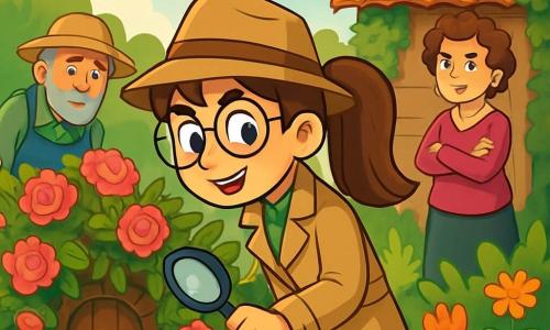 Valeria, una joven detective de 10 años, tiene el cabello largo y castaño recogido en una coleta. Lleva una chaqueta de detective beige, un sombrero de fieltro y gafas redondas que le dan un aire inteligente y curioso. Su rostro expresa determinación y emoción mientras descubre una pequeña puerta oculta detrás de rosales. El jardinero, el señor Ramírez, un hombre de 60 años con barba gris y un sombrero de paja, se inclina sobre las flores, observando las plantas con preocupación. La vecina, la señora Berta, una mujer de 50 años con el cabello corto y rizado, se encuentra cerca del viejo cobertizo, con los brazos cruzados y una expresión sospechosa. El lugar es un jardín comunitario exuberante, lleno de flores coloridas, plantas verdes y un viejo cobertizo de madera cubierto de hiedra. Rayos de sol atraviesan las nubes, iluminando el jardín con una luz suave y cálida. La situación principal muestra a Valeria, intrigada, abriendo la pequeña puerta oculta, mientras el señor Ramírez y la señora Berta la observan con curiosidad y un toque de inquietud.