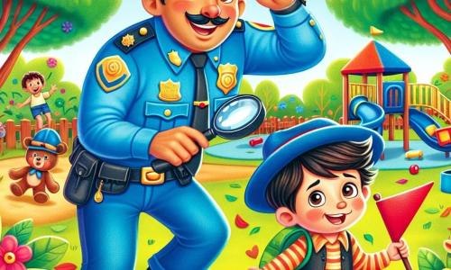 Un policía llamado Pablo, sonriente y benevolente, lleva un uniforme azul brillante y un gran sombrero. Está buscando algo con una expresión decidida en su rostro. A su lado, Leo, un niño de 6 años con cabello castaño y ojos brillantes, sostiene una pequeña bandera roja y mira a su alrededor, preocupado. El parque está lleno de vegetación, con árboles de hojas brillantes, flores coloridas y un área de juegos de madera. En el centro de la imagen, Pablo y Leo buscan juntos el valioso osito de peluche perdido, rodeados de las risas de otros niños que juegan alegremente.