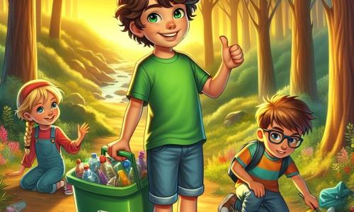 Een 11-jarig jongen, Finn, staat in het midden van de afbeelding met krullend kastanjebruin haar en sprankelende groene ogen. Hij draagt een felgroen T-shirt en een denim short, en glimlacht breed terwijl hij een grote recyclingbak vol kleurrijk afval vasthoudt die hij net uit het bos heeft verzameld. Naast hem moedigt zijn beste vriendin Nora, een 10-jarig meisje met gevlochten blond haar en een roze T-shirt, hem aan met een duim omhoog, terwijl Sam, een 11-jarig jongen met een bril en bruin haar, naast hen knielt en geconcentreerd afval opruimt. De locatie is een weelderig bos, verlicht door gouden zonlicht, met grote majestueuze bomen, kleurrijke bloemen en een grond bedekt met bladeren. In de verte is een glinsterend beekje te zien dat door het landschap slingert. De hoofdactie toont Finn en zijn vrienden die vastbesloten zijn om het bos schoon te maken, omringd door verspreid afval, maar met glimlachen op hun gezichten, wat hun inzet voor milieubescherming en teamgeest illustreert.