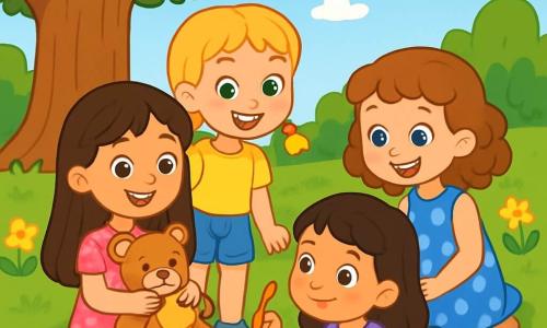 Er zijn 4 kinderen: Noor, een 5-jarig meisje met lange bruine haren en sprankelende ogen, in een roze bloemenjurk met een teddybeer in haar armen, zittend op het gras en omringd door haar vriendinnen; Lotte, een 5-jarig meisje met vlechten en groene ogen, in een gele t-shirt en een spijkerbroek, staand naast Noor met een grote glimlach; Emma, een 5-jarig meisje met krullend kastanjebruin haar en blauwe ogen, in een blauwe jurk met witte stippen, hurkend voor Noor met een klein notitieboekje en een potlood, klaar om te tekenen; en Sara, een 5-jarig meisje met zwart haar en bruine ogen, in een paarse t-shirt en een gestreepte rok, zittend tegenover Noor met haar handen op haar knieën, aandachtig luisterend. De setting is een groen park met grote bomen en kleurrijke bloemen, onder een blauwe lucht met enkele donzige witte wolken. Een grote eik biedt schaduw en een zacht grasveld strekt zich om hen heen. De hoofdscène toont de vier vriendinnen die samen een vrolijke picknick houden, waarbij Noor haar gevoelens deelt en ze samen een kleurrijke emotiedoos maken, vol tekeningen en woorden, die hun vriendschap en onderlinge steun symboliseert.