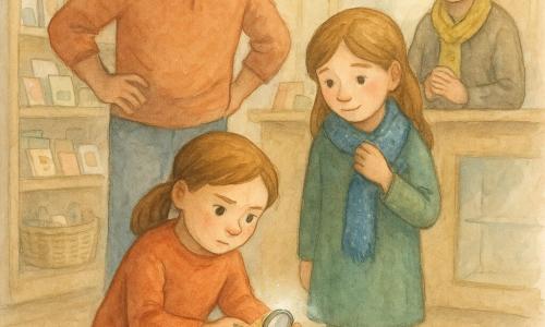 8-jarige Noor, ronde gezicht, nieuwsgierige ogen en gefronste wenkbrauwen, lichtbruin praktisch kapsel, knielt bij een mand op een houten vloer en houdt voorzichtig een beige stoffen zakje waaruit een zacht glanzende zilveren medaille steekt; 8-jarige Lotte, verlegen maar opgelucht, met een blauw glitterende sjaal, staat naast Noor en kijkt naar de medaille terwijl ze haar sjaal aanraakt; vader (~35) met vriendelijk glimlachend gezicht, handen in de zij, buigt trots achter Noor; mevrouw Van Dijk (~50) met grijs haar in een knot en gele sjaal, staat bij de toonbank met gevouwen handen, opgelucht en zorgzaam; locatie: warme kleine winkel-museum met lichte houten planken vol schriftjes, kaarten en doosjes, glazen vitrine achteraan met lege plek en zacht licht, houten plankenvloer en een mandje met gevonden voorwerpen; hoofdgebeuren: geruststellende vondst — Noor haalt de echte zilveren medaille uit het zakje in de mand, een blauw glitterkoordje op de vloer dient als aanwijzing, gedempte verlichting, pasteltinten, rustige, vrolijke en samenwerkende sfeer.