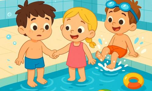 Ci sono 3 bambini: - Luca: un ragazzo di 4 anni, con capelli castani disordinati e occhi vivaci. Indossa un costume da bagno blu e si trova sul bordo della piscina, con i piedi nell'acqua, con un'espressione curiosa e un po' nervosa. - Sara: una ragazza di 4 anni, con capelli biondi intrecciati e un costume da bagno rosa. È accanto a Luca, tenendogli la mano per rassicurarlo, con un grande sorriso sul volto. - Tommaso: un ragazzo di 4 anni, con capelli castani e occhialini da nuoto sulla fronte. È un po' in disparte, ma schizza acqua con i piedi, mostrando che si sta divertendo. La scena si svolge in una grande piscina coperta, con pareti piastrellate di blu e finestre che lasciano entrare la luce del sole. L'acqua è chiara e scintillante, e giocattoli galleggianti colorati sono sparsi intorno. Le bolle d'acqua si alzano attorno ai bambini, creando un'atmosfera gioiosa e ludica. La situazione principale mostra Luca, Sara e Tommaso mentre scoprono la piscina. Luca, un po' titubante, mette i piedi nell'acqua fresca, mentre Sara lo incoraggia con un sorriso radioso e Tommaso schizza felicemente intorno a loro. La scena trasmette amicizia e coraggio di fronte alla paura.