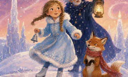 Principessa Elina, 9 anni, viso rotondo con lentiggini, capelli castano chiaro in due trecce, espressione meravigliata, con un cappotto azzurro bordato di pelliccia bianca e un piccolo campanellino d'argento mentre pattina su una pista di ghiaccio naturale; a destra Rufus, volpe rossa dal pelo lucido con lunga sciarpa rossa, seduto sulle zampe posteriori e curioso; dietro di loro Maestro Ombroso, uomo anziano di circa 70 anni con capelli bianchi e grande mantello blu notte, che tiene una lanterna che si accende; scena sul crinale di una collina innevata al primo mattino, cielo dall'alba viola al rosa dorato, vento che solleva turbini di polvere bianca e alberi gelati come candele traslucide; la principessa guarda l'orizzonte mentre l'alba colora il cielo, la lanterna diffonde una luce dolce e la volpe osserva gioiosa — composizione centrata, atmosfera calda nonostante il freddo, palette pastello, texture da gouache, pennellate morbide e contorni leggermente sfocati.