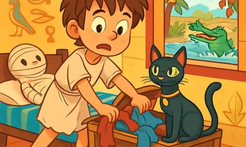 Seti, un niño de 10 años con cabello castaño desordenado y ojos brillantes de curiosidad, busca desesperadamente su sandalia dorada. Lleva una túnica de lino beige, ligeramente arrugada, y su rostro expresa preocupación mezclada con emoción. A su lado, Menfis, un gato esbelto y majestuoso con ojos verdes brillantes, está en el borde de la cama, observando la escena con una expresión divertida, con su cola enroscada alrededor de sus patas. Su habitación está llena de colores vivos: paredes adornadas con jeroglíficos, un cofre de madera antiguo rebosante de ropa y una momia de trapo que sirve de almohada. Fuera, el sol brilla sobre el Nilo, iluminando el jardín donde un cocodrilo sagrado juega saltando sobre dátiles. Seti, angustiado, busca frenéticamente en su cofre la sandalia mágica, mientras Menfis, con una sonrisa traviesa, parece listo para ayudarlo a resolver este misterio.