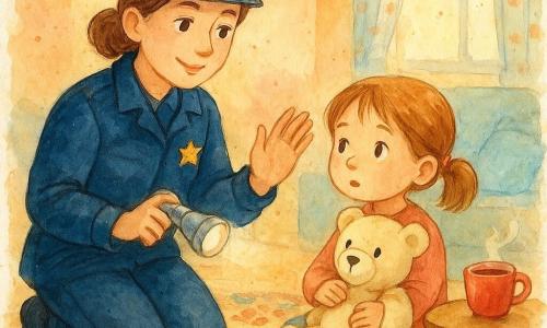 Policjantka, spokojna i uśmiechnięta, o łagodnych oczach, w granatowej kurtce z małą błyszczącą gwiazdką na kieszeni, klęczy przy około 4-letniej Lenie z jasnobrązowymi kucykami, trzyma srebrną latarkę i żółty notes, robi kojący gest; Lena siedzi na kwiatowym dywanie i przytula kremowego pluszowego misia z czarnymi oczkami; przytulny salon z jasną podłogą, kolorowym dywanem, oknem z zasłonkami i parującą filiżanką herbaty; scena ciepła i bezpieczna, delikatne akwarelowe kolory z subtelnymi rozbryzgami.