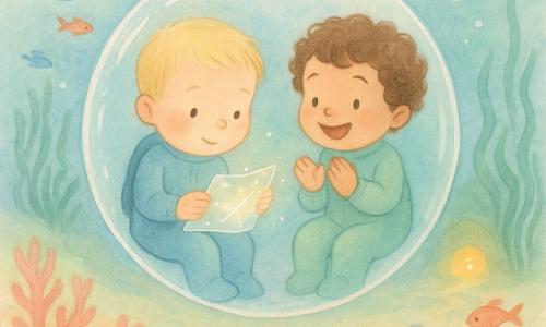 Hay dos niños de 3 años: Léon, rostro redondo, cabello rubio corto, mejillas ligeramente sonrosadas, sentado a la izquierda dentro de una gran burbuja transparente con un traje de buceo azul claro, sostiene delicadamente un mapa que brilla como tinta de estrellas; y Nico, pelo castaño rizado y gran sonrisa, con un traje verde suave, a la derecha de Léon en la misma burbuja, aplaudiendo mientras mira el mapa. El fondo es un mar poco profundo con arena fina beige de textura acuarela, pequeños senderos de coral rosa y naranja, un bosque de algas verde esmeralda que ondula, una cueva lejana que emite una luz cálida, y bancos de peces multicolores y algunas burbujas luminosas ascendentes. Una gran burbuja-cabaña desciende suavemente hacia el fondo; dentro, los dos consultan el mapa estrellado brillante para elegir entre la cueva luminosa, el bosque de algas y el camino de coral; ambiente suave, colores pastel y reflejos blancos en la burbuja y las burbujas circundantes.