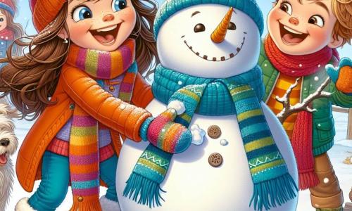 Ein 7-jähriges Mädchen, Mia, mit langen braunen Haaren und rosigen Wangen, lächelt fröhlich, während sie einen großen Schneeball rollt, um einen riesigen Schneemann zu bauen. Sie trägt eine leuchtend orangefarbene Jacke, einen knallblauen Schal und bunte Wollhandschuhe, die ihre Begeisterung und Freude zeigen. Neben ihr sammelt ihr Freund Finn, ein 7-jähriger Junge mit zerzausten blonden Haaren und einem schelmischen Lächeln, kleine Steine für die Augen des Schneemanns. Er trägt eine rote Mütze und eine grüne Jacke und lacht herzlich. Etwas weiter entfernt beobachtet Emma, ein 7-jähriges Mädchen mit lockigem Haar und einem beigen Hund namens Benny, staunend. Sie hält eine Tasse heiße Schokolade in den Händen, bereit, einen Moment der Wärme mit ihren Freunden zu teilen. Der Ort ist ein Winterpark, bedeckt mit einer dicken Schicht funkelnden Schnees unter der Wintersonne. Bäume mit schneebedeckten Ästen umgeben die Szene, und Schneeflocken fallen sanft vom hellblauen Himmel, was eine magische und fröhliche Atmosphäre schafft. Die Hauptsituation zeigt die Kinder, die aktiv zusammen lachen und Spaß haben, während sie ihren Schneemann bauen, was Freundschaft und die Freude an Winterabenteuern symbolisiert.