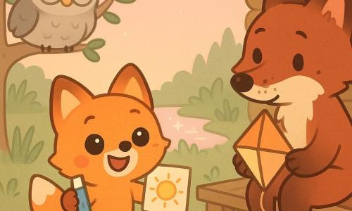 Milo, a small bright orange fox with round shiny eyes, a big smile and rosy cheeks, holds a drawing of a sun and a blue pencil in one paw and a sparkling glass of water in the other, offering them proudly to his father; Papa Fox, an adult with darker russet fur and a muddy muzzle, sits on a small wooden porch holding a repaired kite and looks at Milo with tender surprise, while a sweet round grandmother owl with grey feathers and round glasses watches smiling from a low branch to the left; the scene is a warm, luminous Father's Day moment in a forest clearing at dusk by a log-cabin terrace, a stream reflecting the pink sky and tall grasses, with a few stylized leaves and flowers underfoot.
