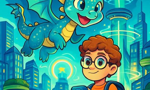 Nova, een kleine draak met glinsterende blauwe en gouden schubben, zweeft vrolijk in de lucht, haar ogen sprankelend van nieuwsgierigheid en opwinding. Ze spreidt haar doorschijnende vleugels, verlicht door het neonlicht van de futuristische stad onder haar. Naast haar staat Sam, een jonge jongen met krullend haar en een lichte huid, die ronde brilletjes draagt en een vastberaden glimlach heeft. Hij houdt een klein technologisch apparaat in zijn handen en observeert aandachtig de lichten van de stad die om hen heen fonkelen. Het decor is een futuristische metropool met glinsterende glazen wolkenkrabbers, hangende tuinen en verlichte bruggen die de gebouwen met elkaar verbinden. Drones vliegen door de lucht, terwijl kinderen beneden in de parken spelen, wat een levendige en dynamische sfeer creëert. De scène toont het moment waarop Nova en Sam samenwerken om de harmonie van de stad te herstellen, met lichtpulsen die uit de energiecentrale komen, wat hun gezamenlijke missie symboliseert om Lumenstad te redden.