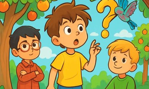 Há 3 personagens: Miguel, um garoto de 10 anos com cabelos castanhos bagunçados e olhos curiosos, vestido com uma camiseta amarela e um short azul, está no centro olhando para um fruto em forma de interrogação pendurado em um galho; Pedro, também de 10 anos, com óculos redondos e cabelos negros, usa uma camisa xadrez vermelha e calças bege, está um pouco à esquerda, com os braços cruzados e uma expressão pensativa; Lucas, igualmente de 10 anos, com cabelos loiros e um sorriso suave, veste um suéter verde e jeans, está à direita, sentado na grama, observando o fruto com um olhar contemplativo. O cenário é um pomar vibrante, com árvores de troncos grossos e folhas verdes brilhantes, carregadas de frutos coloridos sob a luz do sol. O chão é coberto de grama macia e flores silvestres, criando uma atmosfera mágica. No fundo, um céu azul claro com nuvens brancas fofas. Os três amigos estão reunidos em torno do fruto misterioso, simbolizando sua busca pela verdade, enquanto um beija-flor colorido os observa, adicionando um toque de magia à cena de descoberta e reflexão.