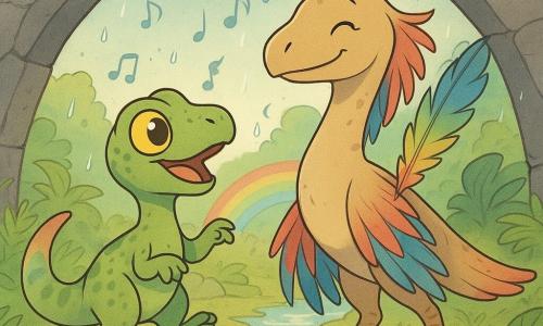 Ein junger Velociraptor namens Rafi, fröhlich und leicht überrascht, mit großen gelben Augen, grün gesprenkelter Haut und farbig verlaufender Schwanz, tanzt schüchtern mit kleinen Sprüngen und Pirouetten unter einem großen grauen Steinbogen über einem glitzernden Bach; Dalia, ein großer Dinosaurier mit langen mehrfarbigen Armfedern, lächelt beschützend, legt eine große Feder auf Rafis Schulter und dreht sich anmutig neben ihm; es ist ein warmer Moment nach dem Regen mit leichtem Wind, fallenden Regentropfen und einem Sonnenstrahl, der ein kleines Regenbogen über dem Bach erzeugt; die Szene ist beruhigend und energiegeladen, in einem runden, freundlichen Comicstil mit klaren Konturen, leuchtender Pastellpalette und sanften Kontrasten.