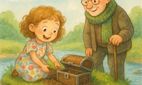 A six-year-old girl, Rosie, with light brown curly hair and sparkling eyes, is kneeling on a green island, digging with her hands in the soft earth. She has a look of wonder and is wearing a colorful floral dress. Beside her, an elderly man, Mr. Reed, with shiny glasses and a knitted scarf, watches kindly, holding a small wooden stick. He stands slightly back, near Rosie, on the island. The island is surrounded by a shimmering stream, with round stones emerging from the clear water. The sky is a soft blue with a few fluffy white clouds. The main scene shows Rosie discovering a small metal chest, her face lit up by the discovery, while Mr. Reed encourages her with a warm smile.