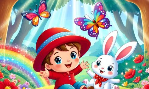 A 2-year-old boy named Sam, with a big smile and sparkling eyes, is wearing a shiny red hat. He is sitting on a colorful flower carpet, arms open, ready to dance joyfully. Next to him, an adorable white rabbit with big ears curiously watches Sam. The rabbit, about 1 year old, stands on its hind legs, ready to jump. In the sky, a beautiful butterfly with multicolored wings flutters around them, adding a touch of magic to the scene. The butterfly dances in the air, just above the flowers. The scene takes place in an enchanted forest, where tall, majestic trees have leaves shining in the sunlight, and rays of light filter through the branches, illuminating the ground dotted with vibrant flowers. Sam and his friends are celebrating the magic of blooming flowers thanks to a magical drop of rain, creating a joyful and lively atmosphere.